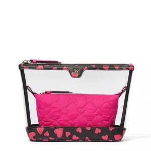 Victoria's Secret 2-Piece Makeup Bag Black & Pink Hearts- NWT
